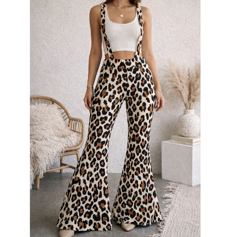 Leopard Print Flare Pants High Rise Wide Leg Suspender S